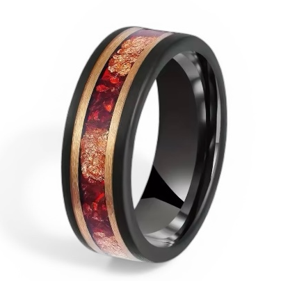 Black Tungsten Carbide Ring with Red Opal Inlay & Gold Foil – Men’s Wedding Band – 8mm Comfort Fit