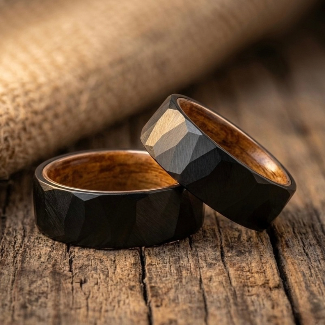 Whiskey Barrel Wood & Hammered Black Tungsten Wedding Band – Rustic Men’s Ring