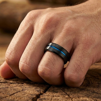Men's Black Brushed Tungsten Wedding Band with Blue Groove & Interior – Comfort Fit – 6mm, 8mm and 10mm
