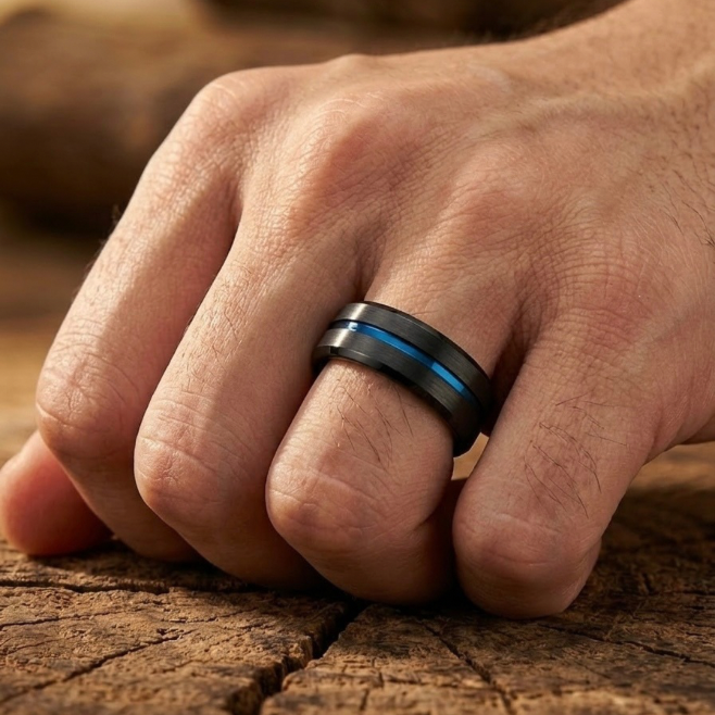 Men's Black Brushed Tungsten Wedding Band with Blue Groove & Interior – Comfort Fit – 6mm, 8mm and 10mm