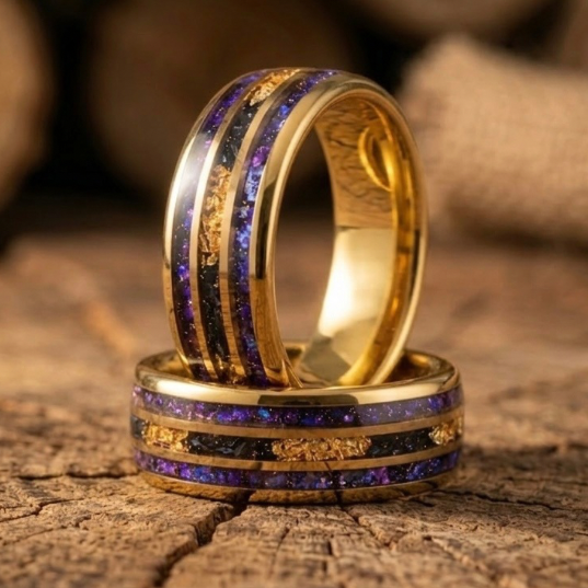 Gold Tungsten Galaxy Ring with Purple Opal & Gold Flake Inlay - 8mm Men’s Wedding Band