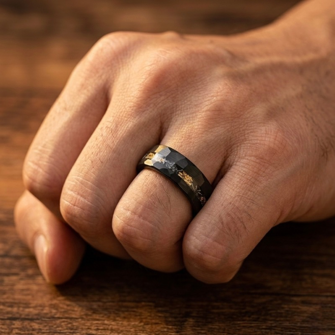Black Tungsten Meteorite Ring with Gold Leaf Inlay – Faceted Men’s Wedding Band – Unique Space Inspired Jewelry