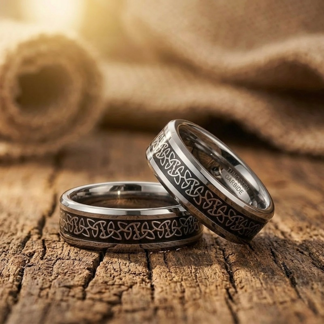 Men’s Tungsten Carbide Celtic Ring – Eternal Knot Inlay Wedding Band