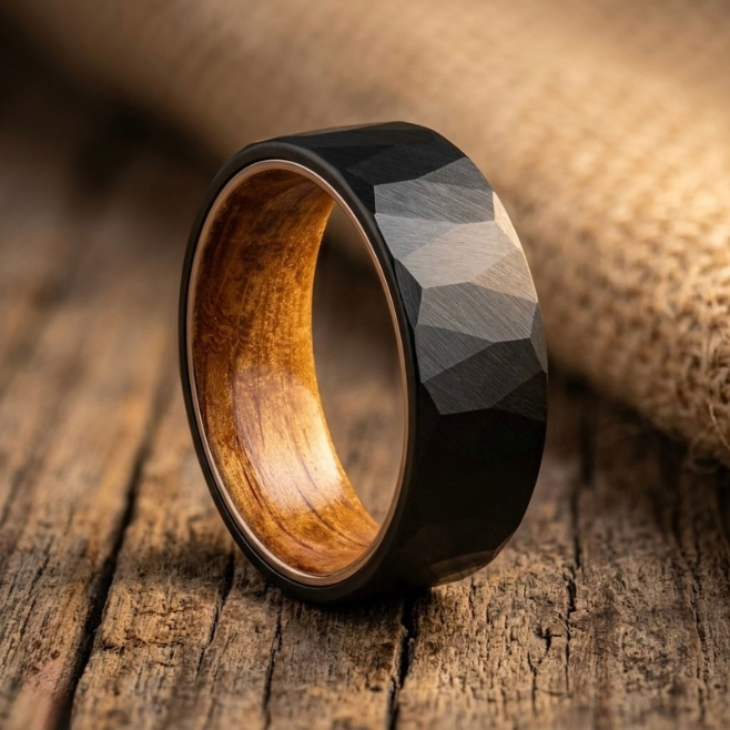 Whiskey Barrel Wood & Hammered Black Tungsten Wedding Band – Rustic Men’s Ring