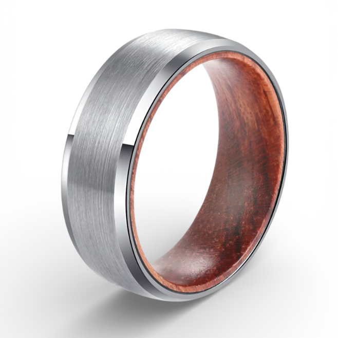 Men's Brushed Tungsten Wedding Band with Whiskey Barrel Wood Inlay 8mm