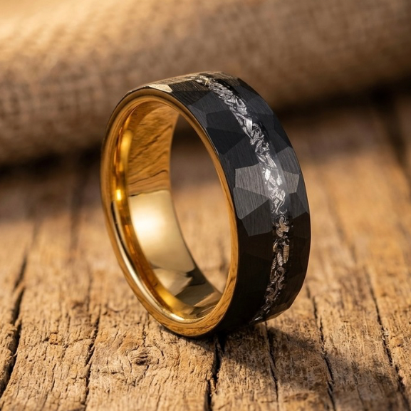 Tungsten Meteorite Ring with Rose Gold Interior – Black Faceted Wedding Band