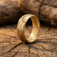 Gold Damascus Steel Ring – Unique Pattern Wedding Band for Men & Women, Handmade Luxury Ring, Anniversary Gift