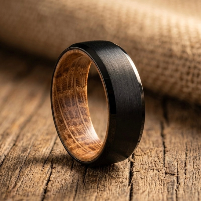 Black Whiskey Barrel Ring with Authentic Oak Wood Inlay – Men’s Wedding Band