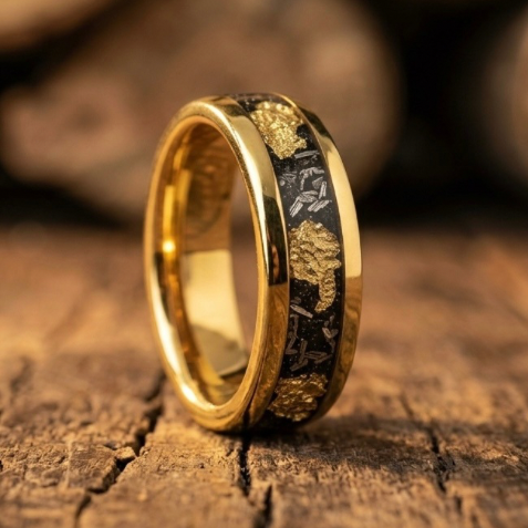 Men’s Gold Leaf & Black Onyx Wedding Band – Textured Yellow Gold Ring – Luxury Comfort Fit Statement Band