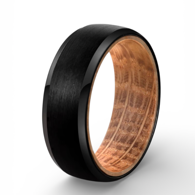 Black Whiskey Barrel Ring with Authentic Oak Wood Inlay – Men’s Wedding Band