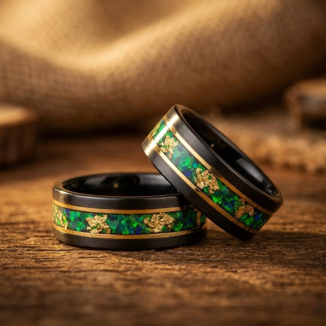 Black Tungsten Wedding Band for Men – Green Opal Inlay with Gold Foil – 8mm Polished Comfort Fit Ring