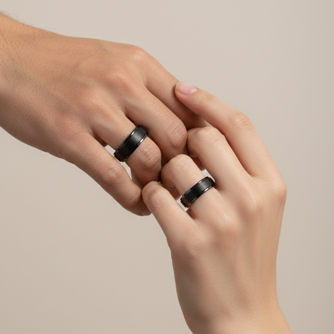 Brushed Black Tungsten Wedding Band - Stepped Edge Comfort Fit 4mm, 6mm, 8mm