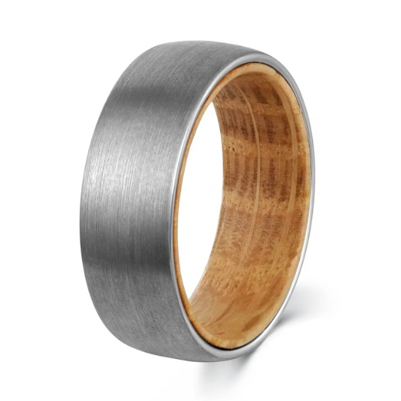 Rustic Oak Wood Whiskey Barrel Ring in Brushed Tungsten - Unique Engagement Band