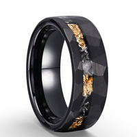 Black Tungsten Meteorite Ring with Gold Leaf Inlay – Faceted Men’s Wedding Band – Unique Space Inspired Jewelry