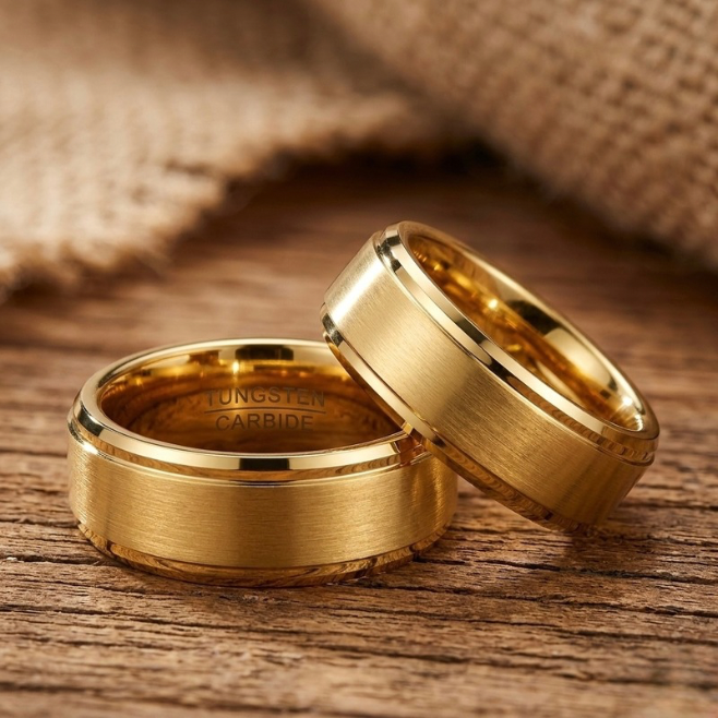 Gold Brushed Tungsten Carbide Wedding Band - Comfort Fit - 6mm & 8mm