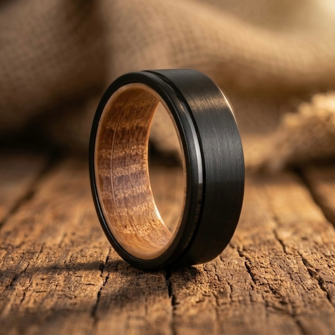 Black Tungsten Ring with Natural Wood Inlay – Men’s Wedding Band