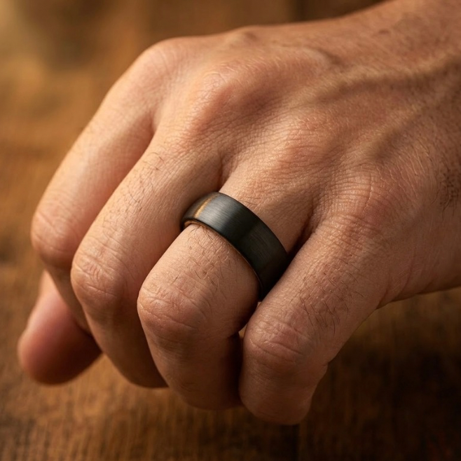 Whiskey Barrel Ring with Wood Liner - Brushed Black Comfort Fit Band