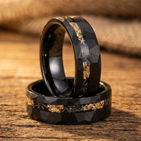 Black Tungsten Meteorite Ring with Gold Leaf Inlay – Faceted Men’s Wedding Band – Unique Space Inspired Jewelry