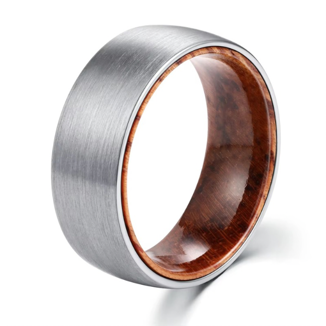 Whiskey Barrel & Brushed Tungsten Ring - Rugged Wedding Band