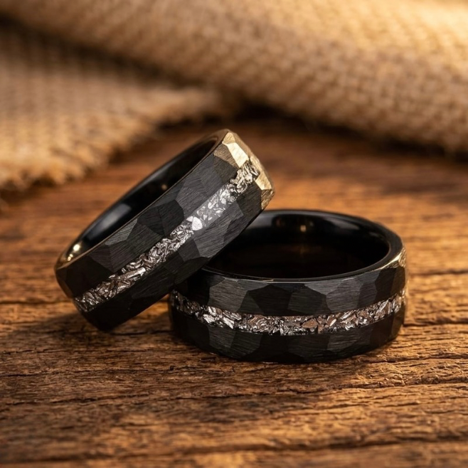 Mens Hammered Black Tungsten Ring with Meteorite Inlay - 8mm Wedding Band