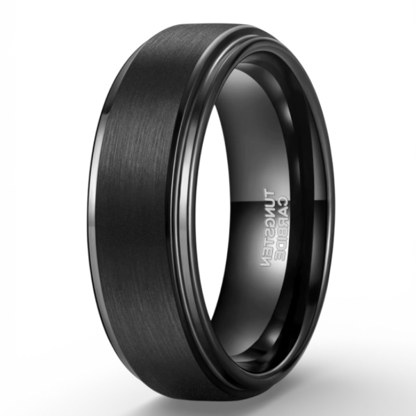 Brushed Black Tungsten Wedding Band - Stepped Edge Comfort Fit 4mm, 6mm, 8mm