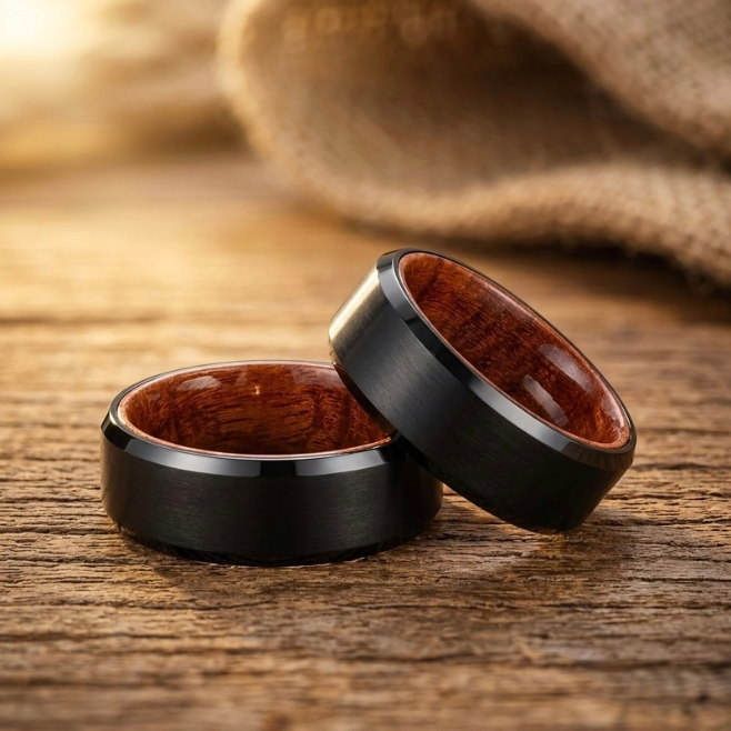 Black Tungsten Ring with Rosewood Inner Sleeve - Whiskey Barrel Wedding Band for Men