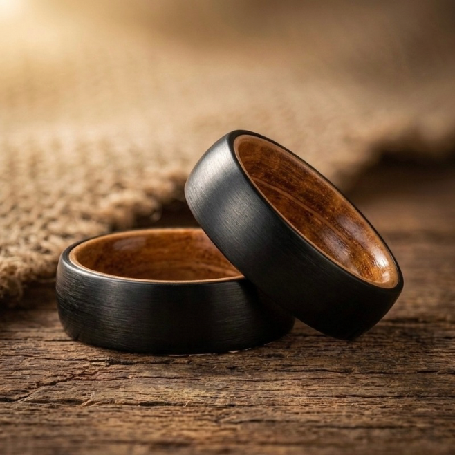 6mm Black Tungsten Whiskey Barrel Wood Promise Ring