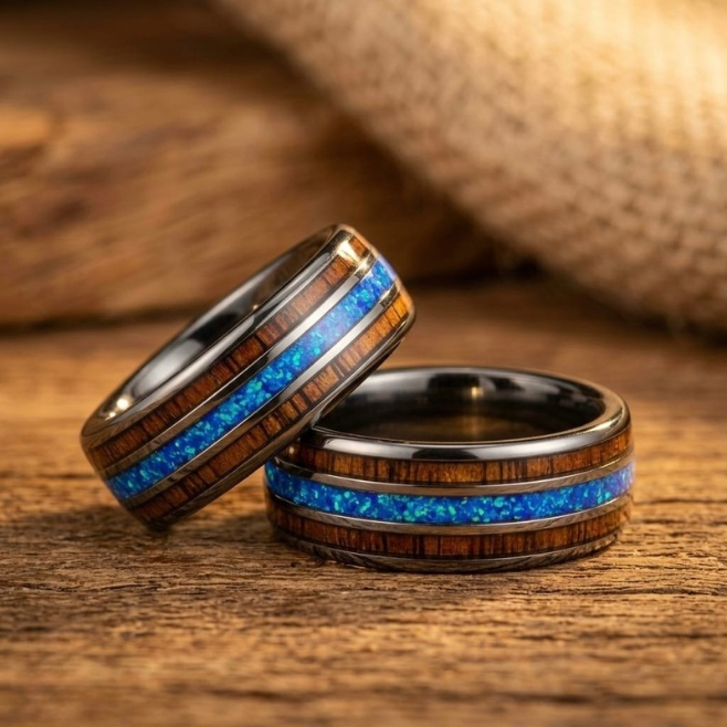 Blue Opal & Whiskey Barrel Wood Tungsten Wedding Band (8mm)