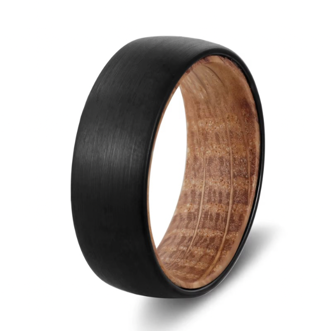 Whiskey Barrel Ring with Wood Liner - Brushed Black Comfort Fit Band