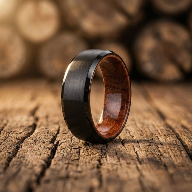 Black Tungsten Ring with Rosewood Inner Sleeve - Whiskey Barrel Wedding Band for Men
