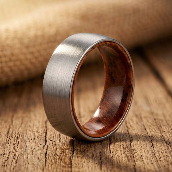 Whiskey Barrel & Brushed Tungsten Ring - Rugged Wedding Band