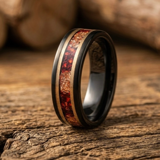 Black Tungsten Carbide Ring with Red Opal Inlay & Gold Foil – Men’s Wedding Band – 8mm Comfort Fit