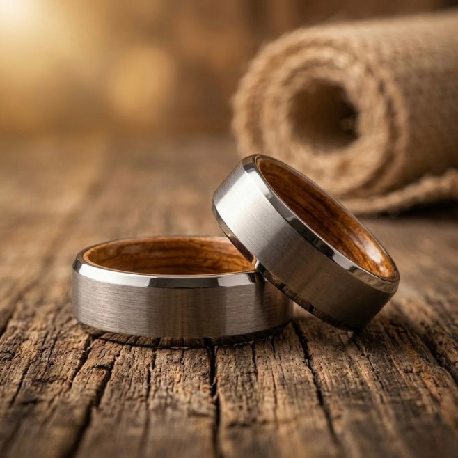 Whiskey Barrel Wood Inlay Ring – Brushed Tungsten Wedding Band