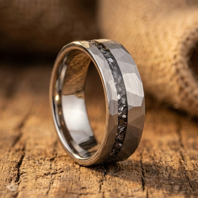 Tungsten Meteorite Ring – Hammered Finish Wedding Band for Men & Women | Comfort | Men Promise Ring | Engagement Band