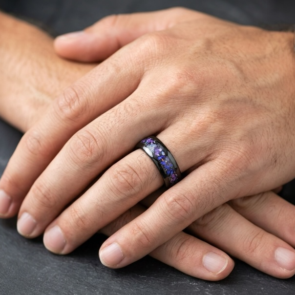 Black Tungsten Ring with Purple Opal Inlay – Mens & Womens Wedding Band – Galaxy Opal Crushed Stone Band – Comfort Fit Promise Ring